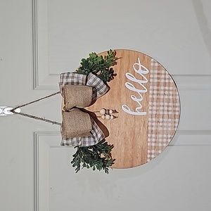Wooden Hand crafted Round 12" "hello" Door hanger or sign